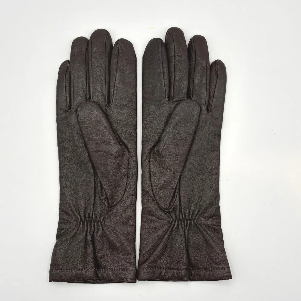 Grandoe Brown Leather Gloves Womens Medium 100% Acrylic Knit Lined Winter Dress